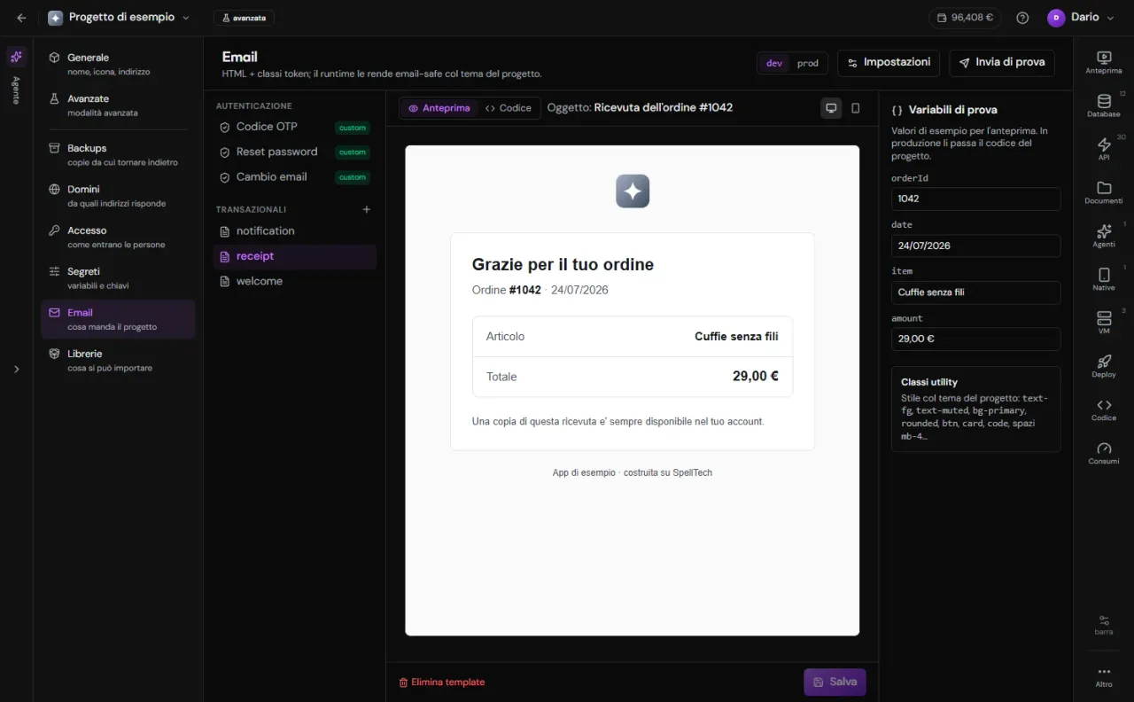 La sezione Email dello Studio: l'anteprima di un'email a sinistra e l'editor del corpo, col pannello delle variabili a destra.